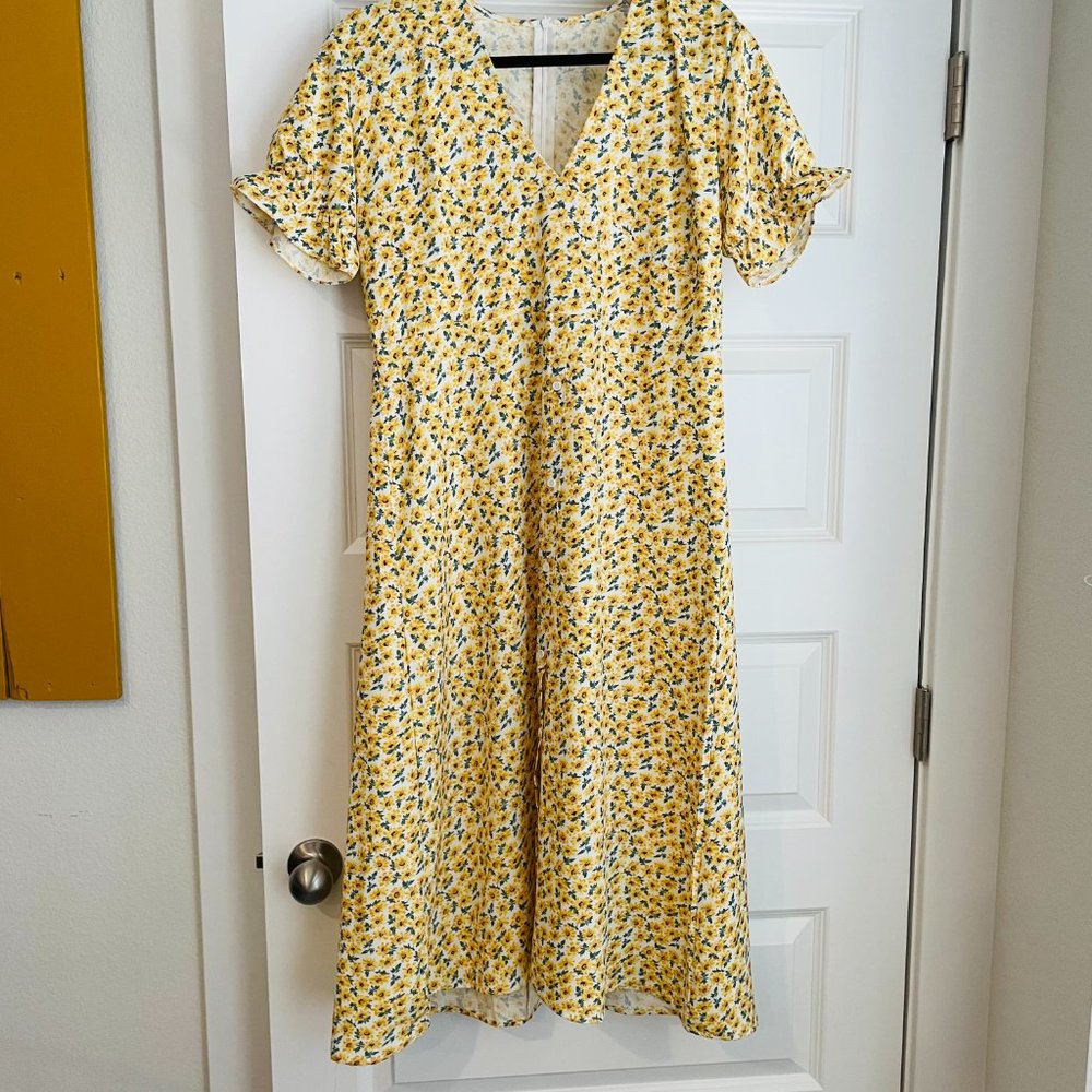 XL midi yellow floral A-line dress